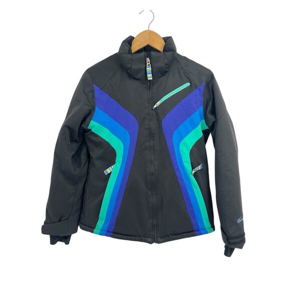 Obermeyer Black Blue Stripe Junior Girls Ski Snow Jacket Size 14 Waterproof - Picture 1 of 8